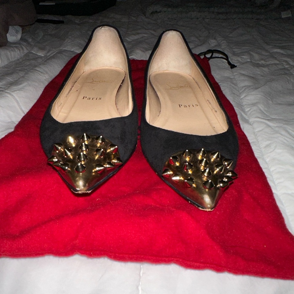 Christian Louboutin Black Geo Flat Veau Velours Specchio Toe - Picture 7 of 10